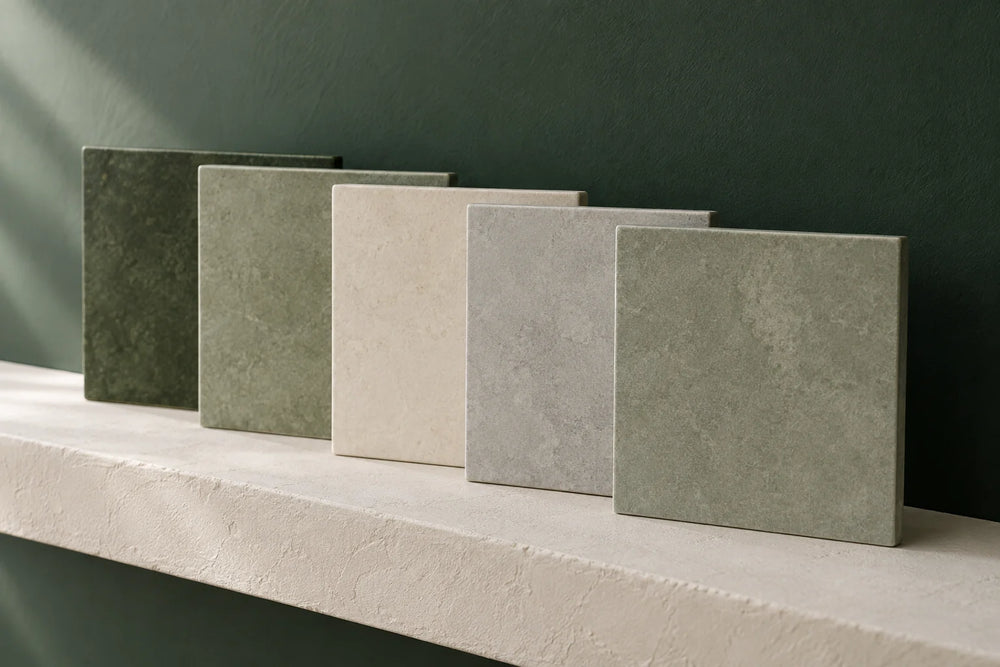 Five square tile samples standing on edge in a row on a plaster shelf against a deep green wall.