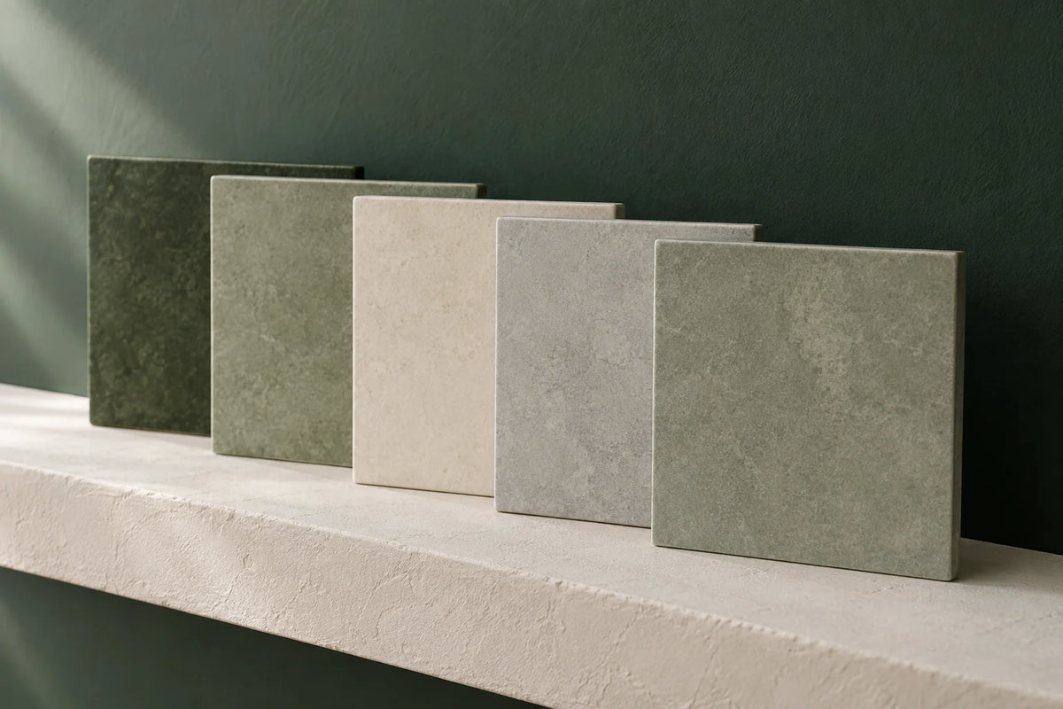 Five square tile samples standing on edge in a row on a plaster shelf against a deep green wall.