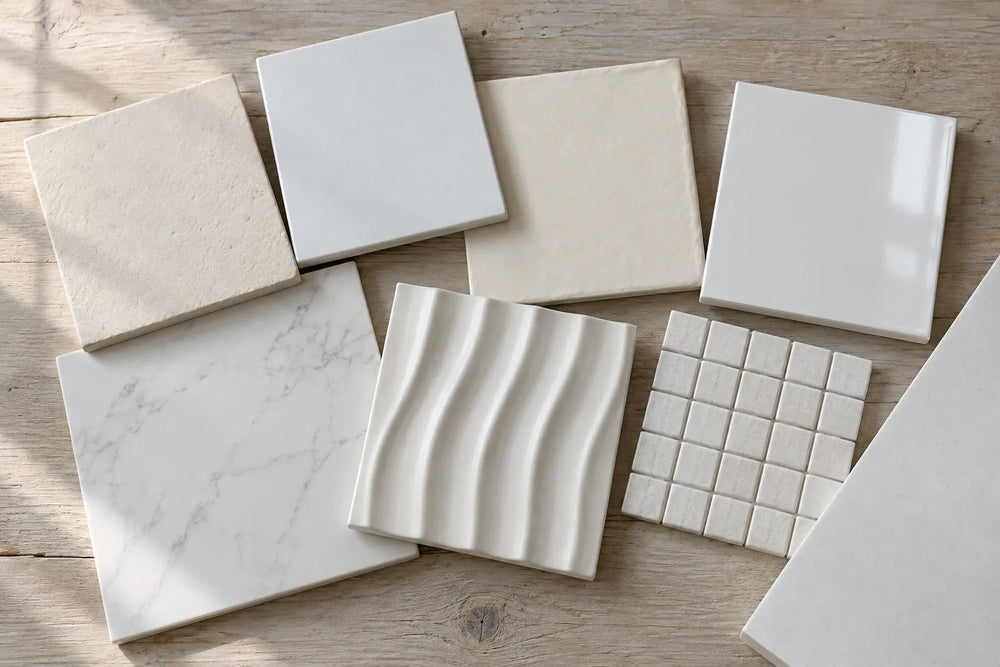 Eight loose white tile samples overlapping on a pale timber table under low side light: a veined marble-look square, a rippled wave tile, a small square mosaic sheet, gloss and matt flat tiles in slightly different whites.