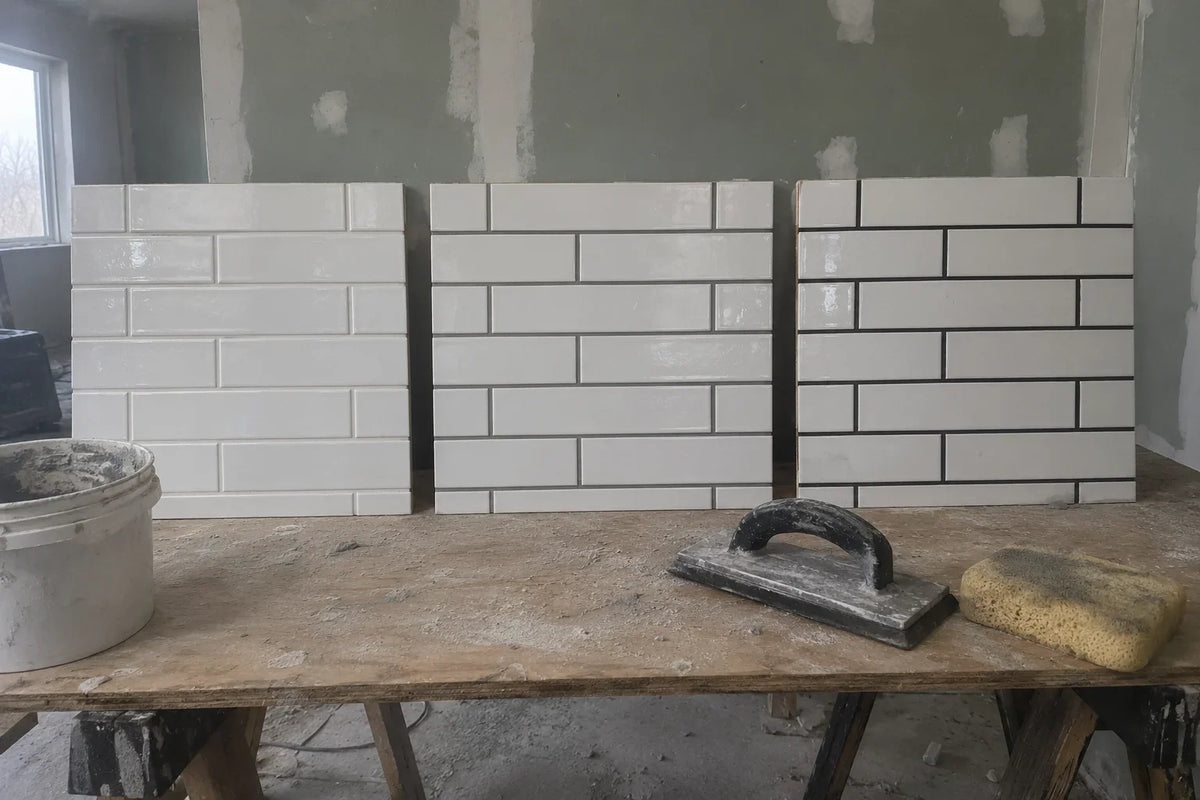 Three boards of white subway tiles on a work table in a renovation, grouted in white, mid grey and charcoal, with a grout float and sponge