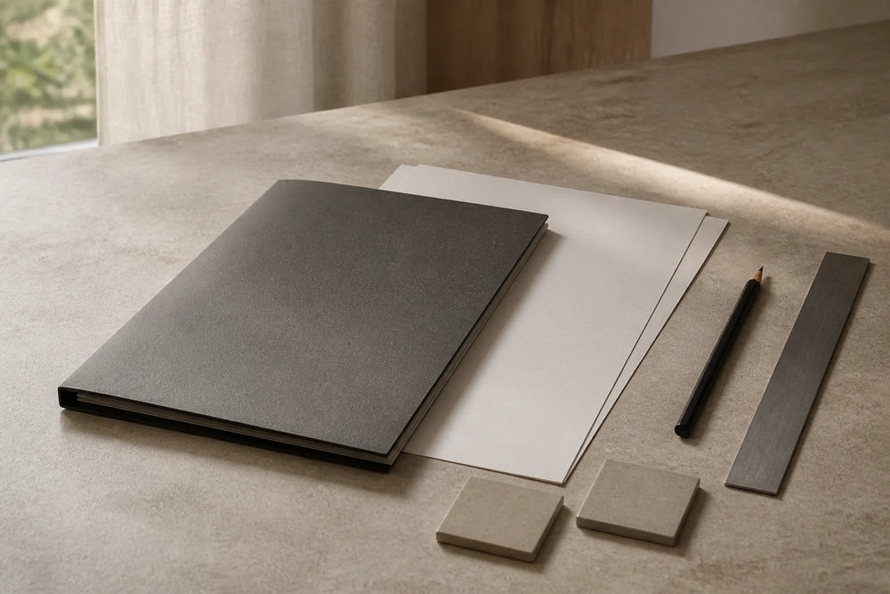 Blank project papers, a closed document folder, pencil, ruler and neutral material samples on a sunlit worktable.