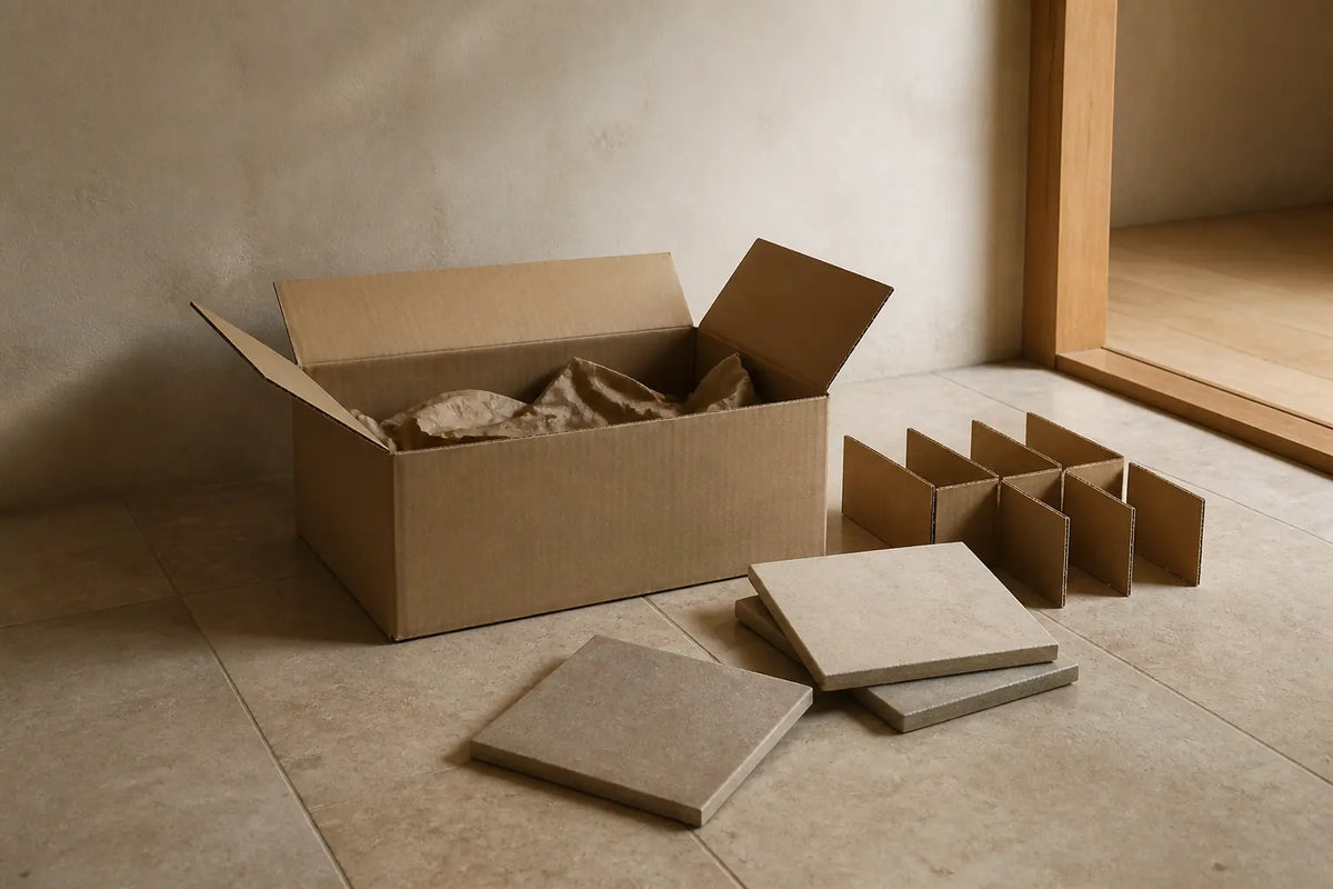 An open unmarked cardboard crate with blank packing paper, dividers and neutral square tiles laid on a warm tiled floor in side light.