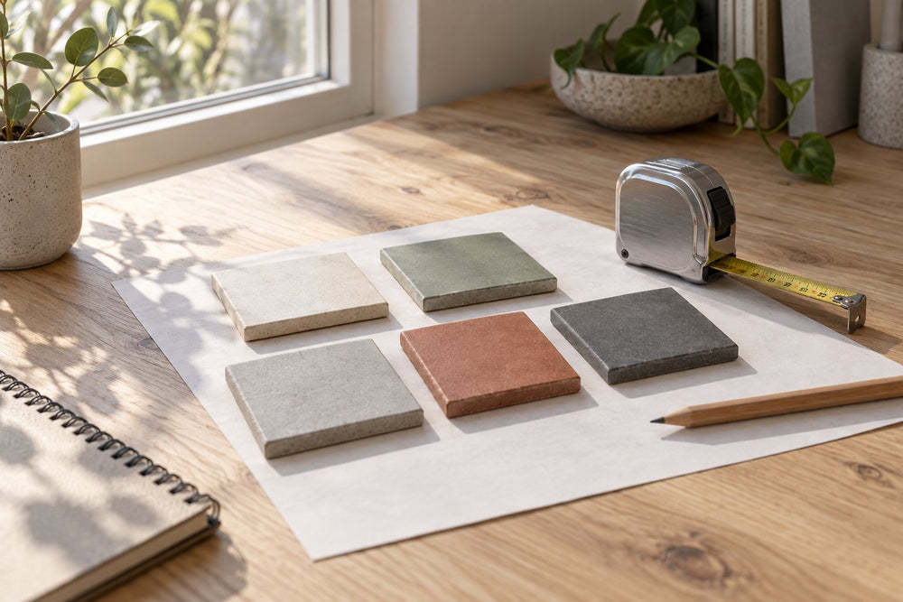 Still life on a pale timber desk by a window: five small tile sample pieces in muted colours laid on paper beside a steel tape measure and a pencil, soft morning light from the left. Generated illustration, not a Tilekind product.