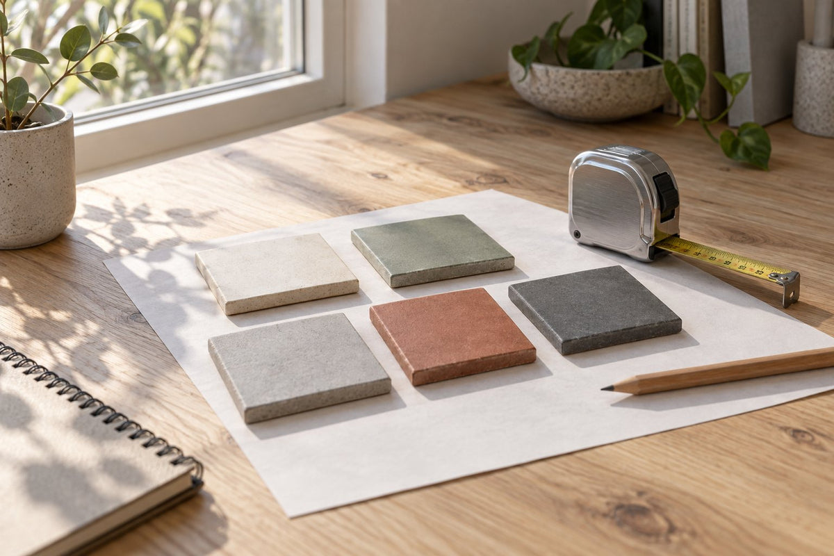 Still life on a pale timber desk by a window: five small tile sample pieces in muted colours laid on paper beside a steel tape measure and a pencil, soft morning light from the left. Generated illustration, not a Tilekind product.
