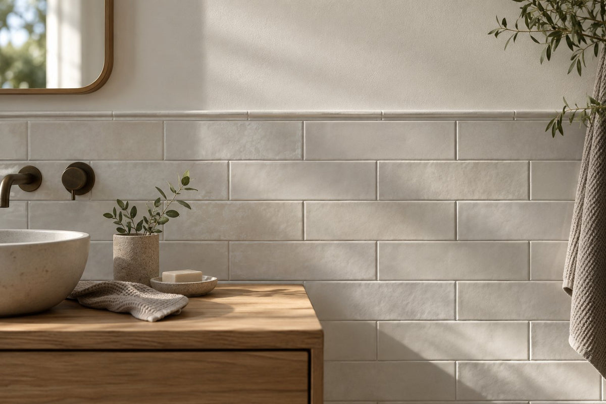 A bathroom wall tiled to half height with pale rectangular tiles in a horizontal running bond, a slim edge trim at the top of the tiling and a matt painted wall above, side daylight across narrow joints. Generated illustration, not a Tilekind product.