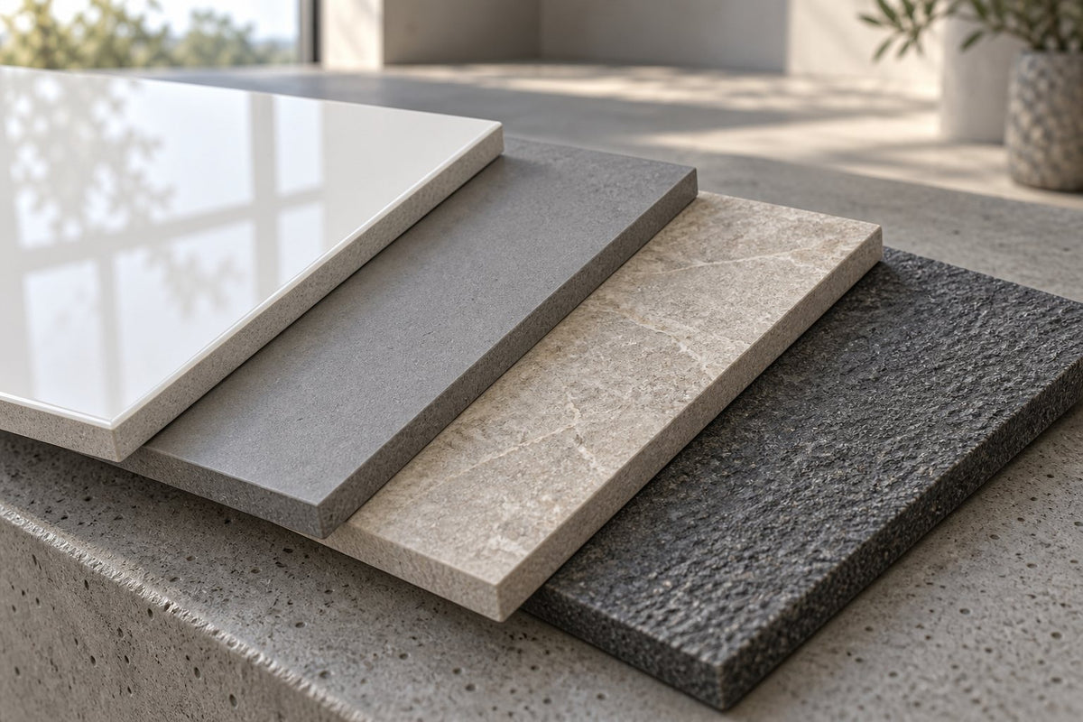 Close-up of four large tile pieces fanned on a concrete bench, edges and faces showing: glossy white reflecting a window, matt grey, honed beige stone-look, rough charcoal, in raking light. Generated illustration, not a Tilekind product.
