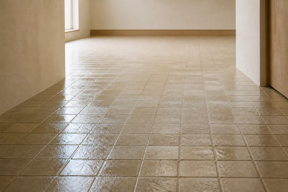 A thin wet sheen catches side light across a dense grid of neutral floor tiles, with grout lines receding into an empty room.