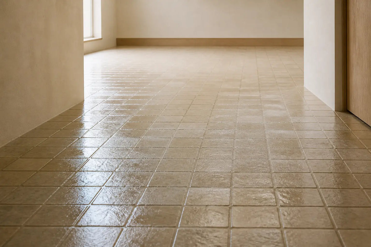 A thin wet sheen catches side light across a dense grid of neutral floor tiles, with grout lines receding into an empty room.
