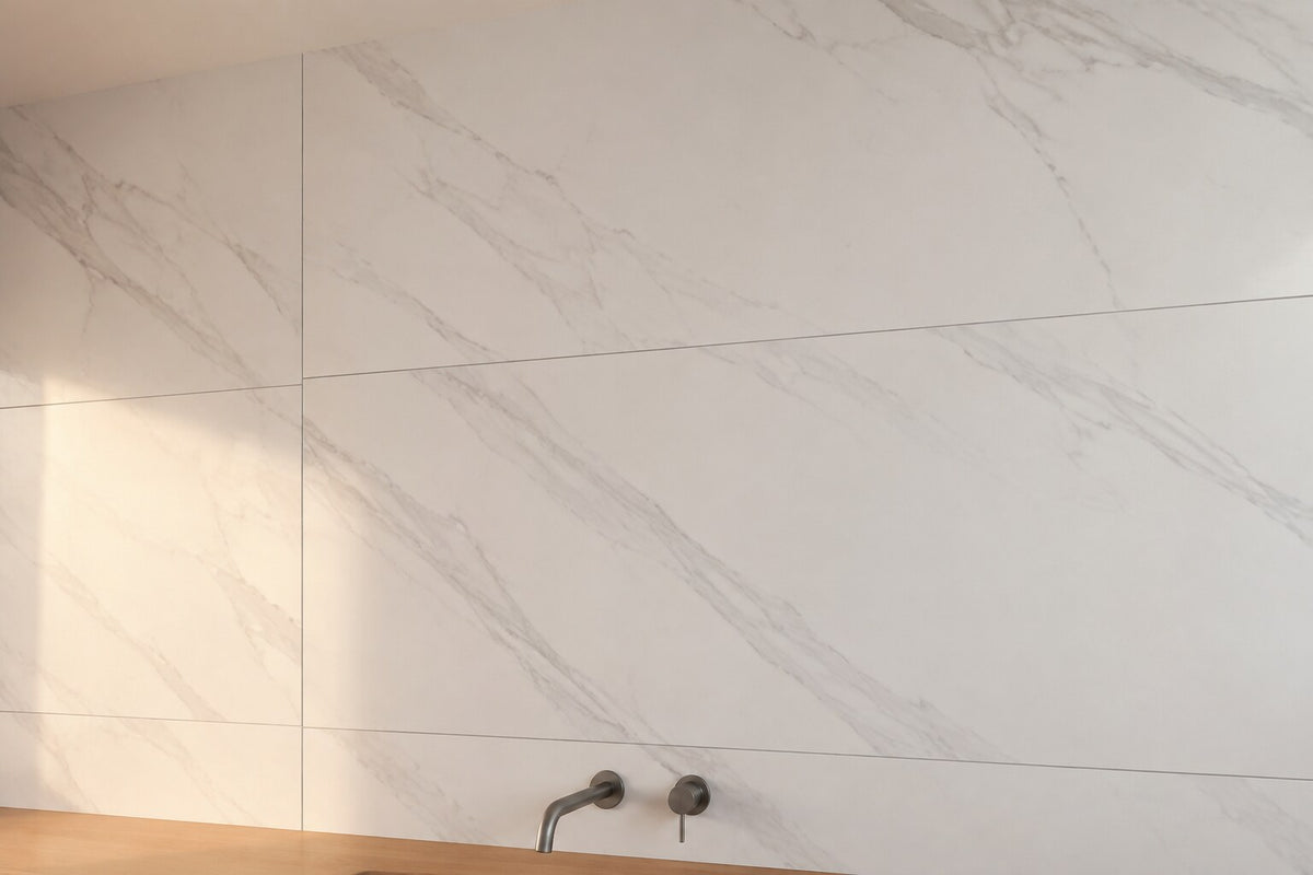 Editorial scene: large-format white marble-look wall panels with soft grey veining laid horizontally behind a timber vanity, warm afternoon light. Generated illustration, not a Tilekind product.