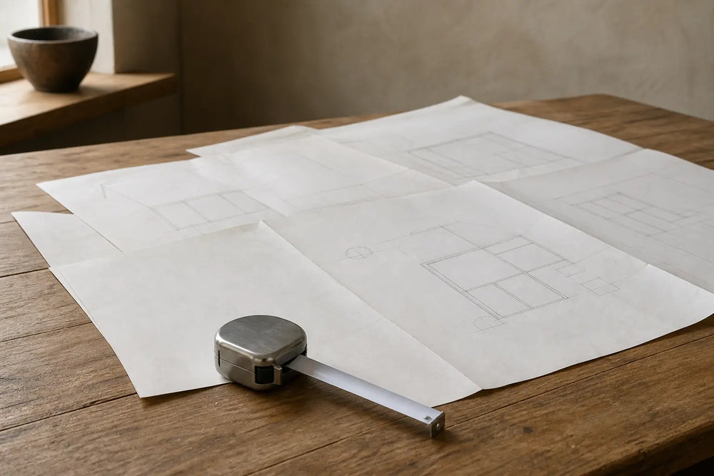 Faint unlabelled architectural plan sheets and a plain metal tape measure lie on a warm timber table beside a dark ceramic bowl.