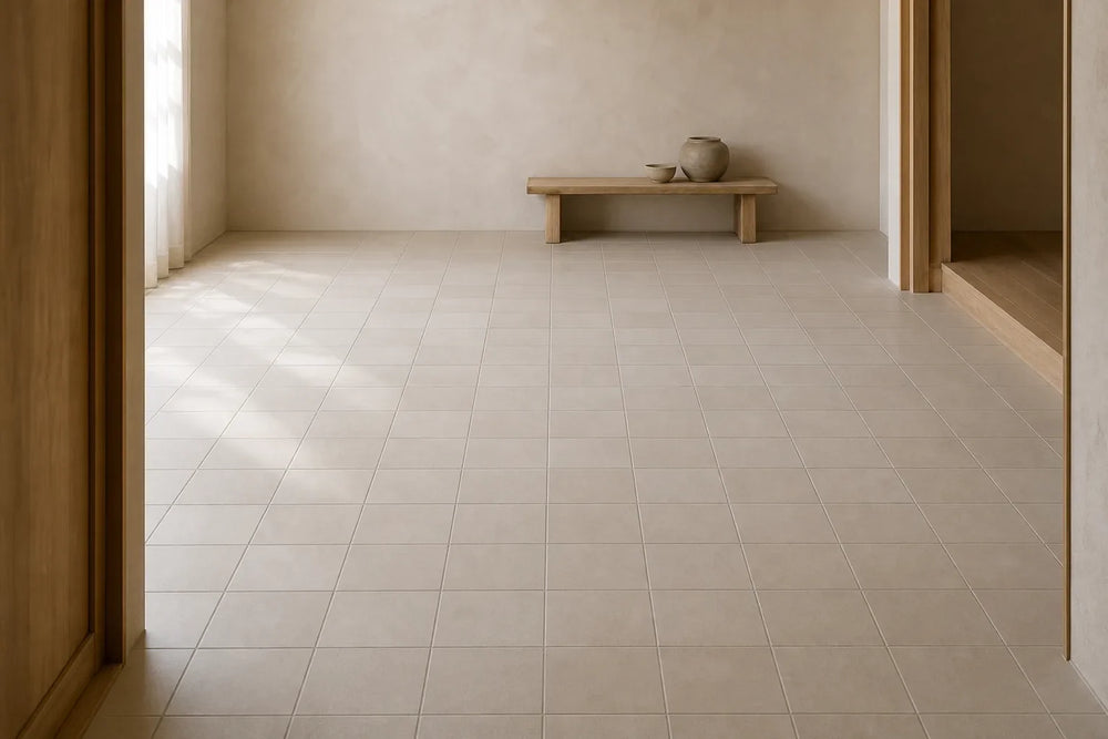 Pale square-tiled floor viewed from a doorway, with a continuous grout grid leading to a low timber bench in soft side daylight.