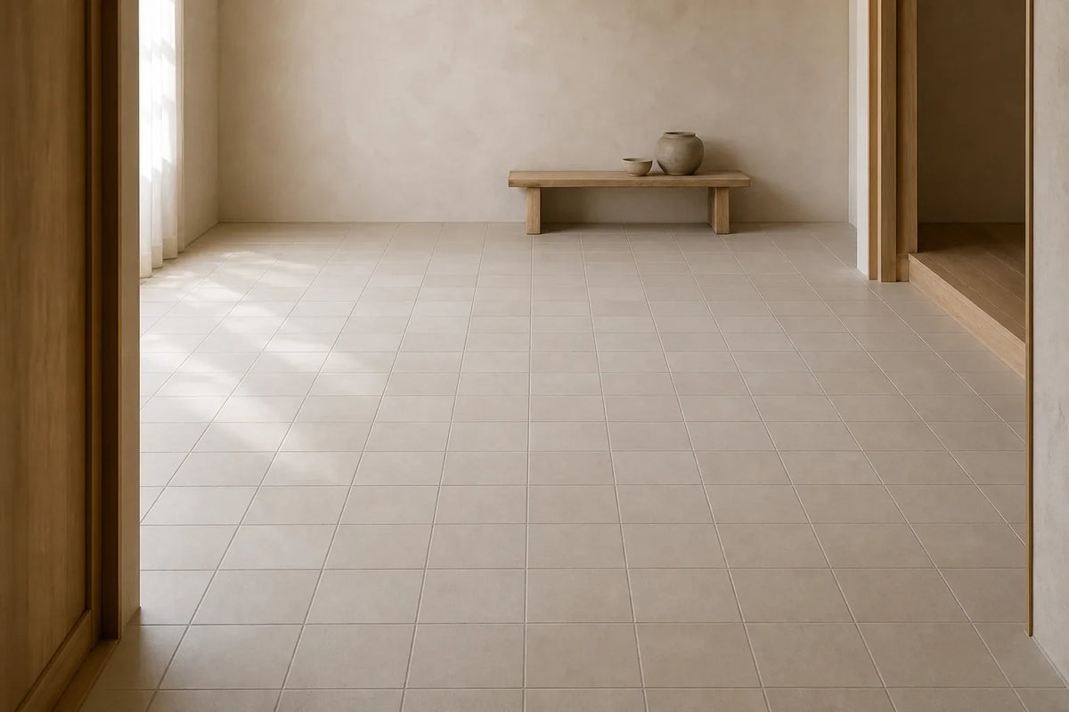 Pale square-tiled floor viewed from a doorway, with a continuous grout grid leading to a low timber bench in soft side daylight.