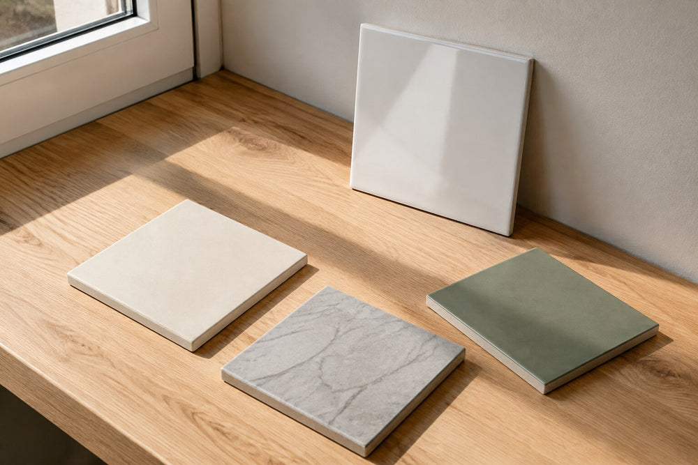 Editorial scene: four tile sample pieces, gloss white, matt off-white, grey veined look and sage green, on a timber bench beside a window in afternoon light. Generated illustration, not a Tilekind product.