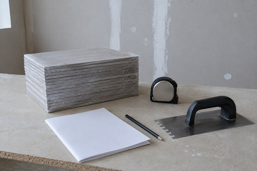 Editorial scene: a shrink-wrapped stack of new tiles, a tape measure, a blank folded sheet, a pencil and a notched trowel on a bench in a room being renovated. Generated illustration, not a Tilekind product.