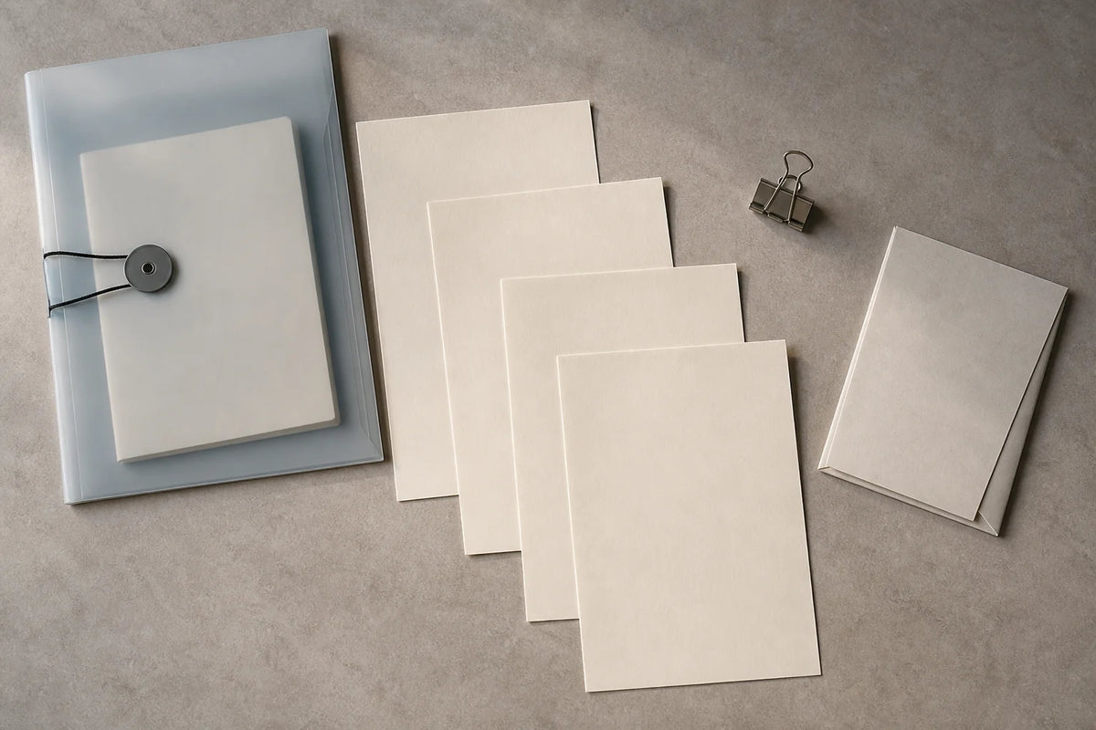 Overhead view of an unbranded wet-area project file with blank forms, a document wallet, envelope and binder clip on a neutral worktable