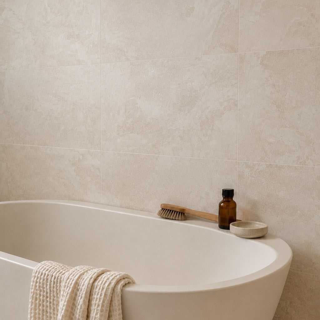 Atlas Ivory Stone-Look Tile beside a freestanding bath. Reference installation photographed by our supplier.
