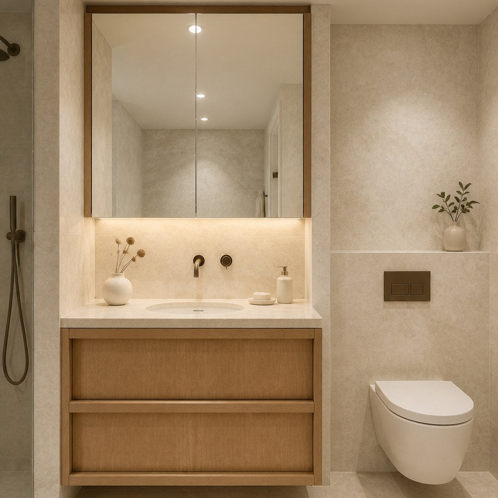 Atlas Ivory Stone-Look Tile in a bathroom, walls and floor. Reference installation photographed by our supplier.
