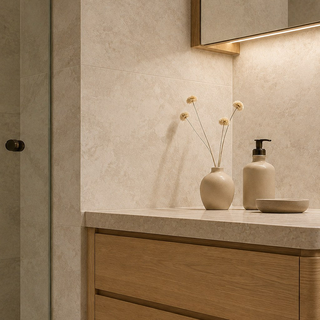 Atlas Ivory Stone-Look Tile on a bathroom vanity wall. Reference installation photographed by our supplier.
