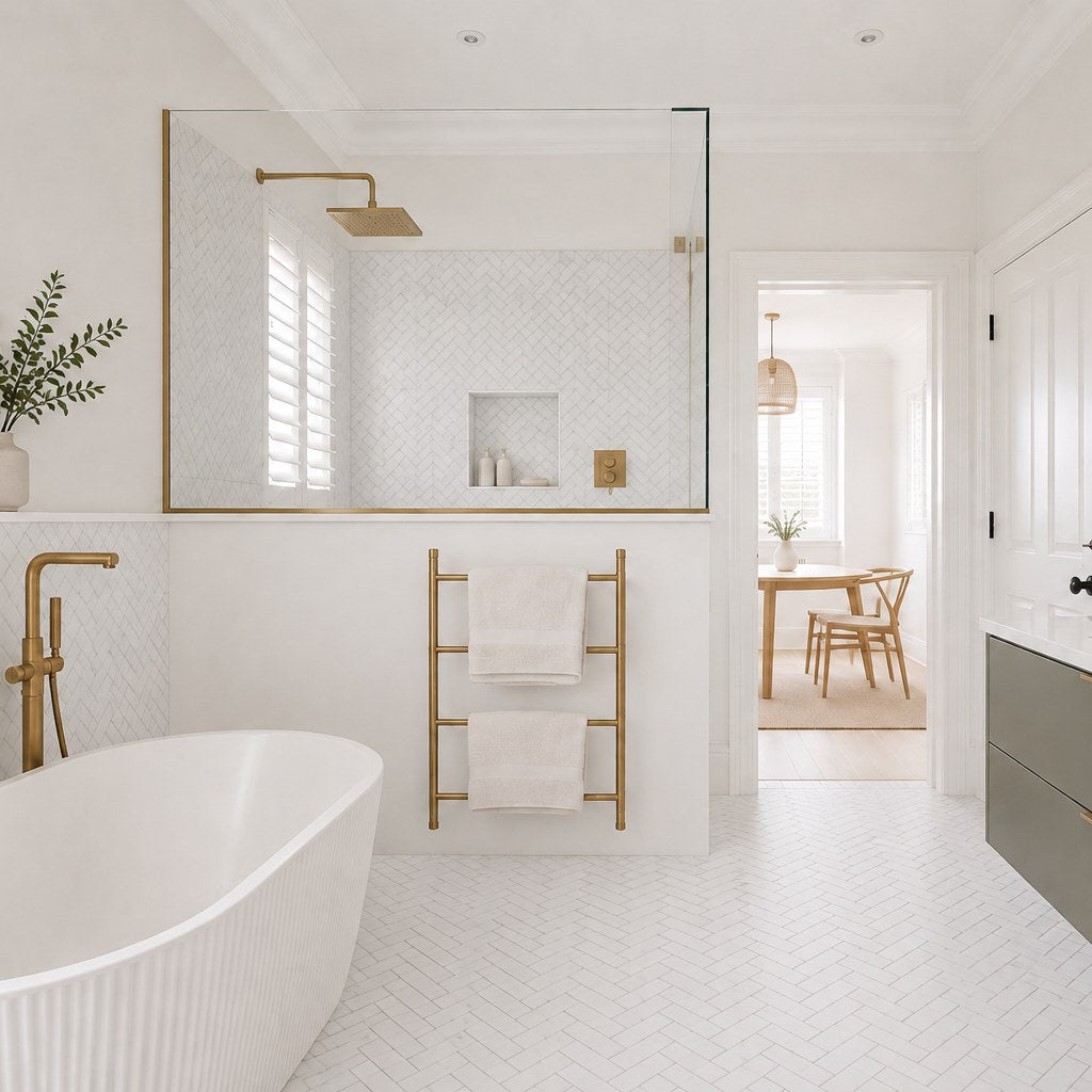 Carrara Petite Herringbone Mosaic Tile in a bathroom, shower recess and floor. Reference installation photographed by our supplier.