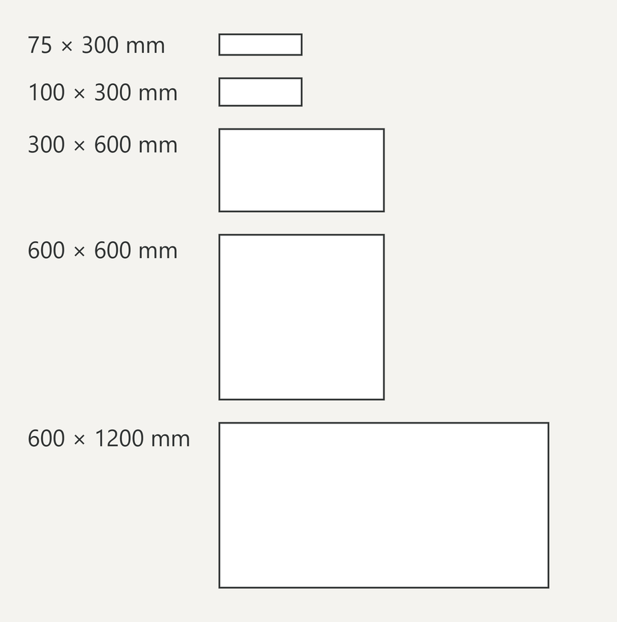 Five rectangles drawn at one scale, labelled 75 x 300 mm, 100 x 300 mm, 300 x 600 mm, 600 x 600 mm and 600 x 1200 mm