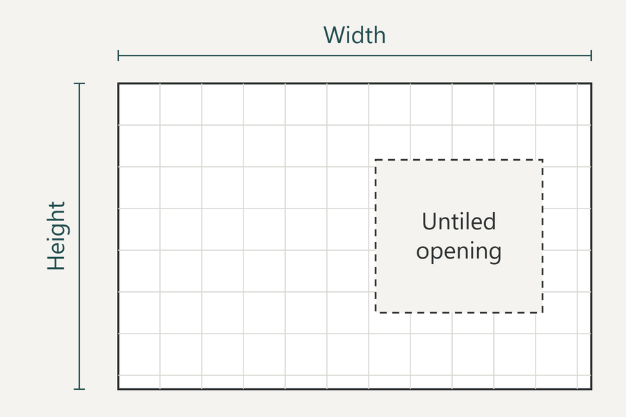 Line drawing of a rectangular tiled surface with Width and Height dimension lines and one dashed rectangle marked as an untiled opening