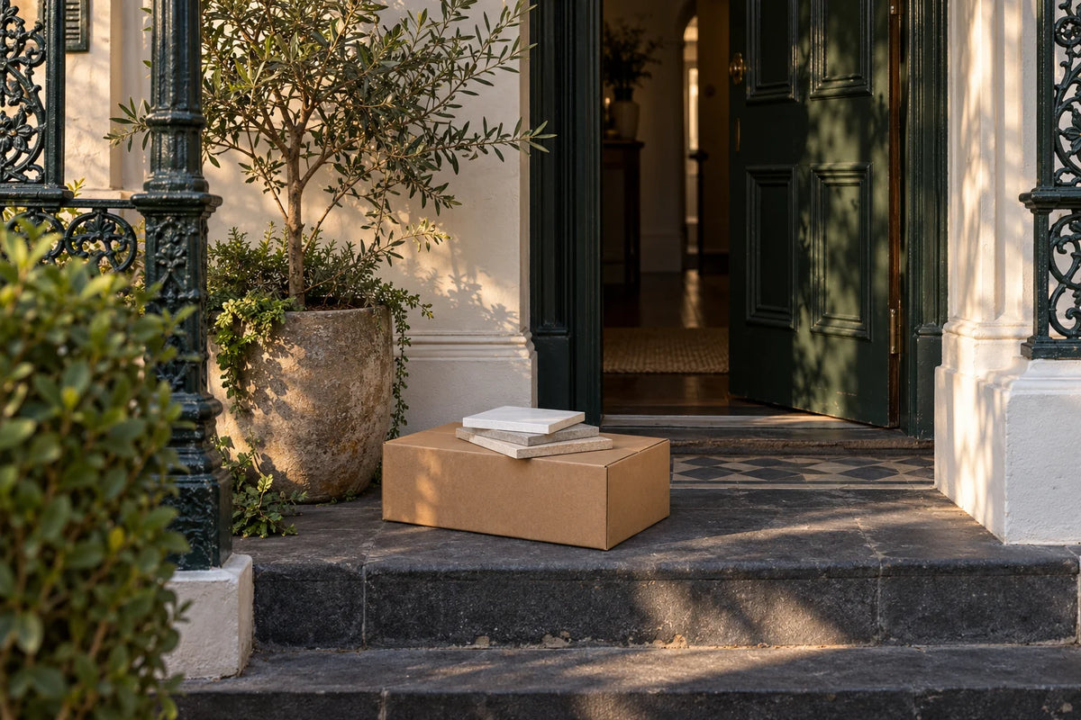 Bluestone front step of a period terrace house, with a sealed cardboard carton and three tile sample pieces before an open dark green door, an olive tree in a stone pot and cast-iron lace beside it