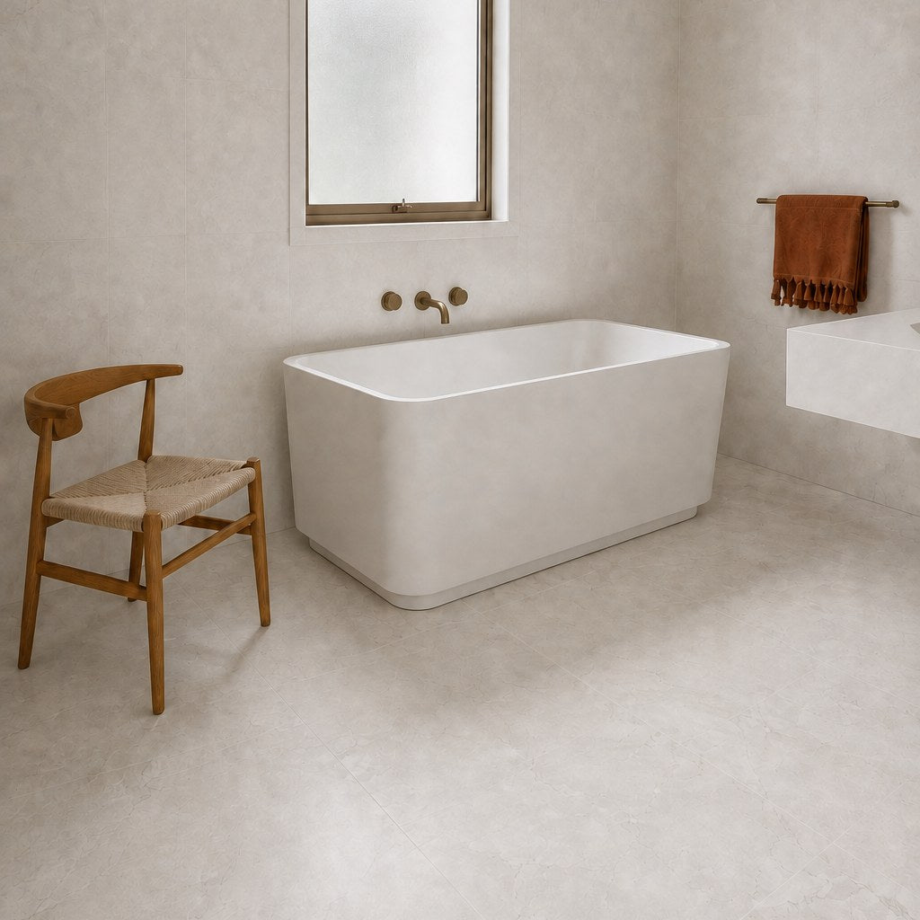 Pietra Perla Marble-Look Tile in a bathroom with a freestanding bath. Reference installation photographed by our supplier.