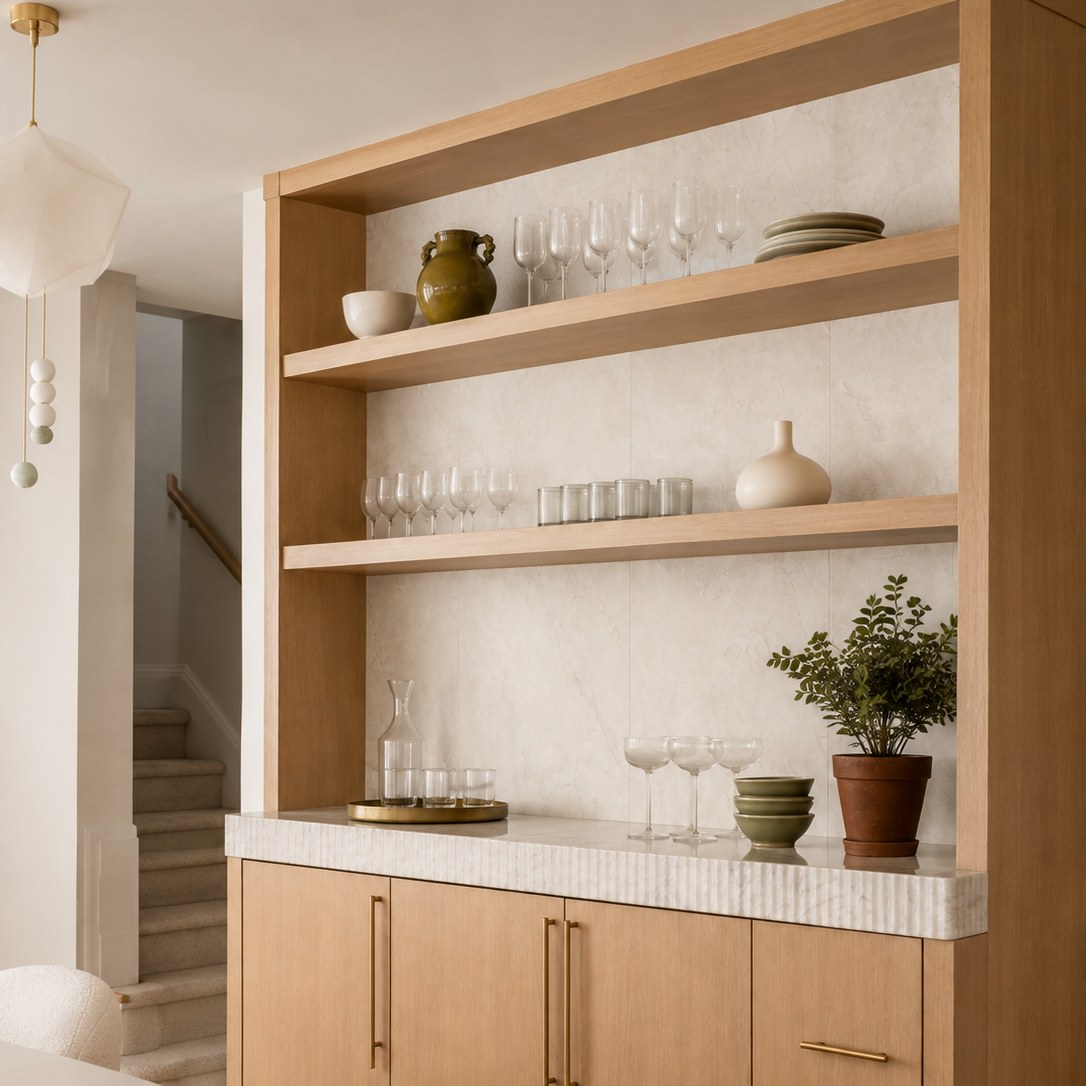 Pietra Perla Marble-Look Tile behind open shelving in a dining room. Reference installation photographed by our supplier.