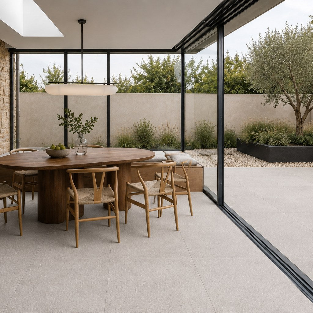 Quarry Ash Concrete-Look Tile as a dining room floor opening onto the garden. Reference installation photographed by our supplier.