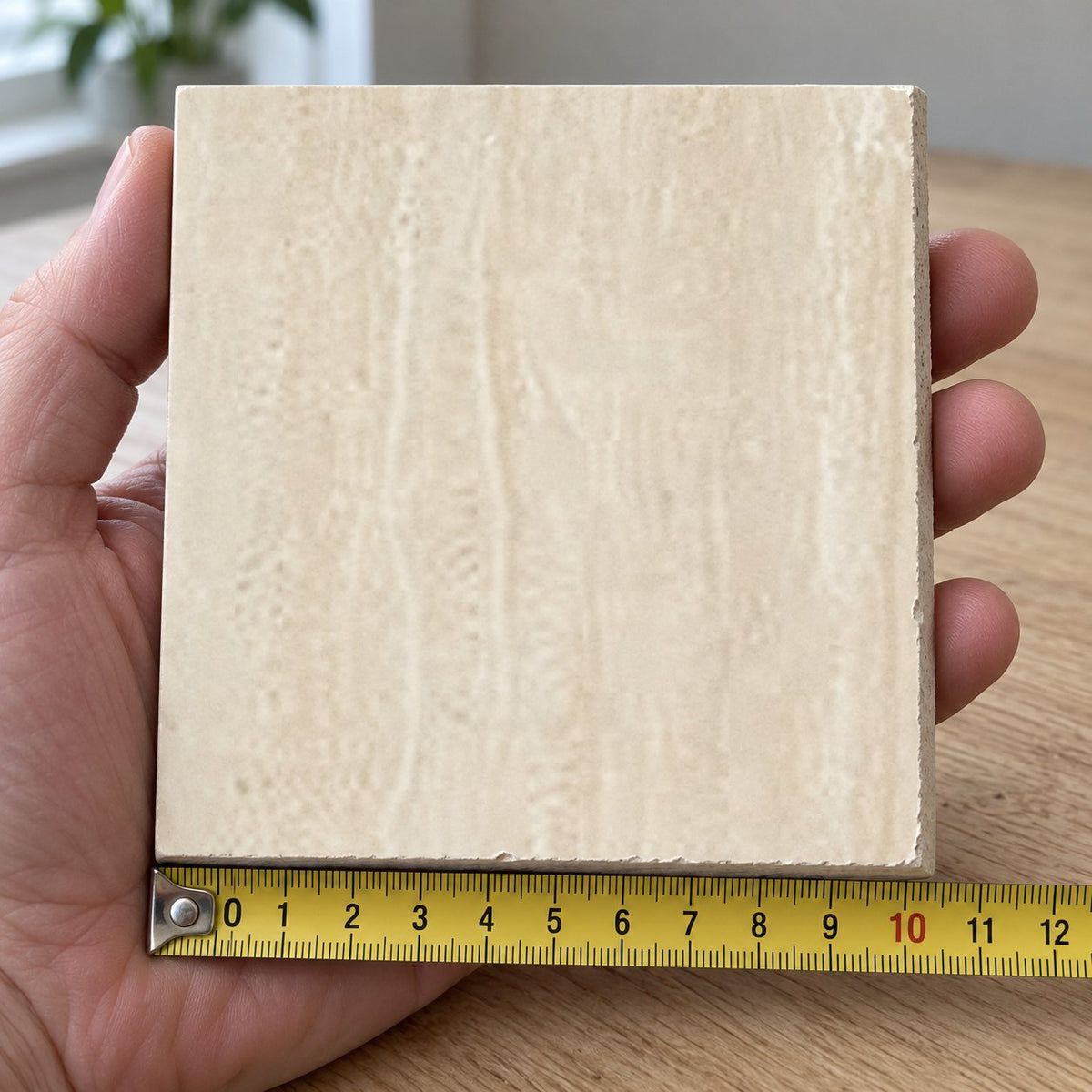 Coastal Ivory Travertine-Look Tile sample held in a hand.