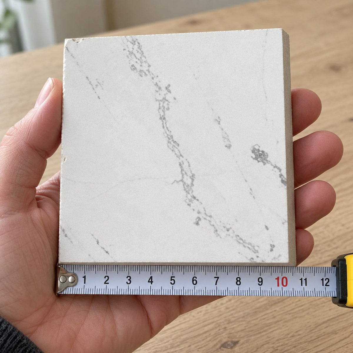 Pietra Alba Marble-Look Tile sample held in a hand.
