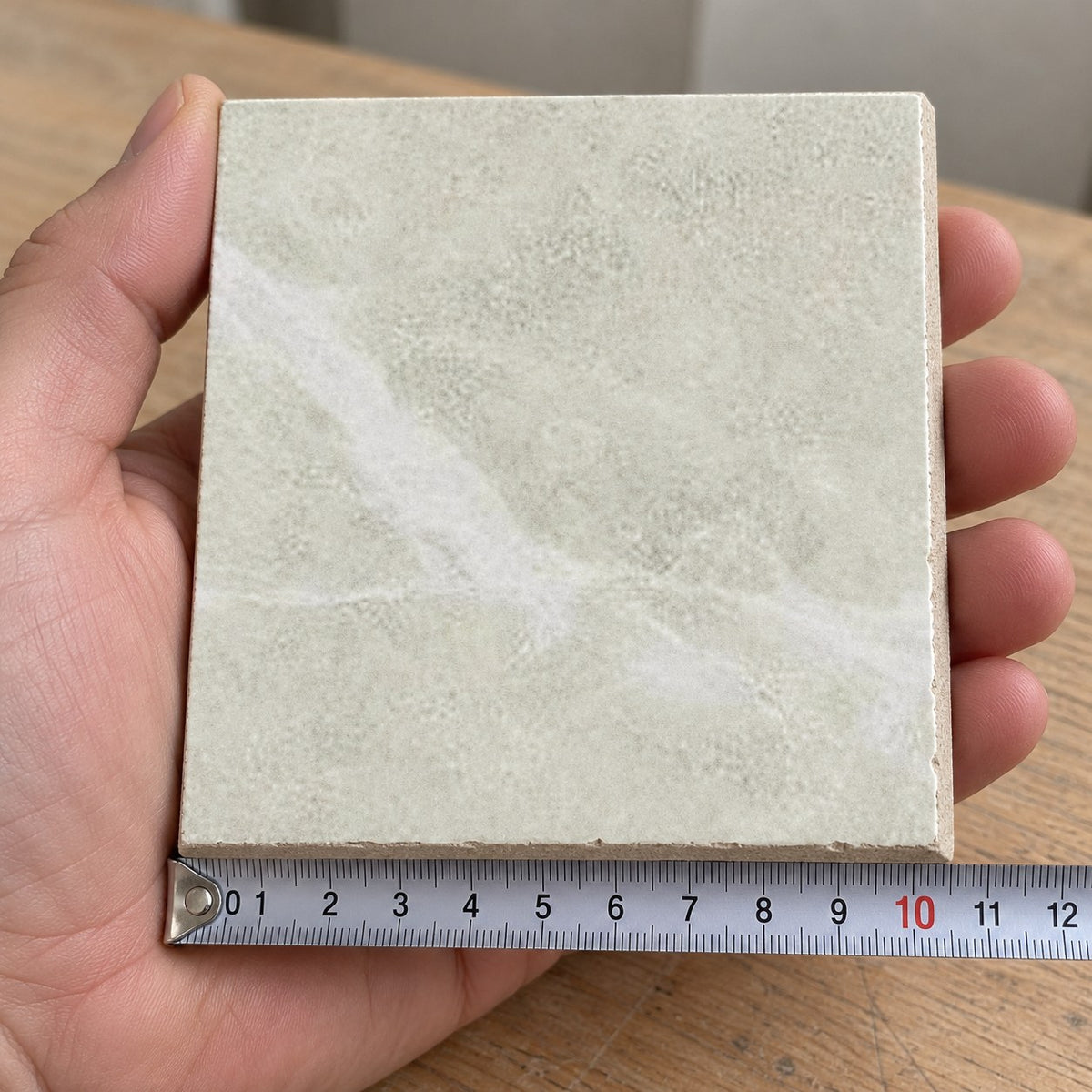 Pietra Dove Marble-Look Tile sample held in a hand.