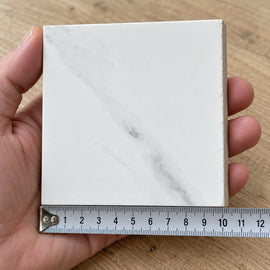 Pietra Neve Marble-Look Tile sample held in a hand.