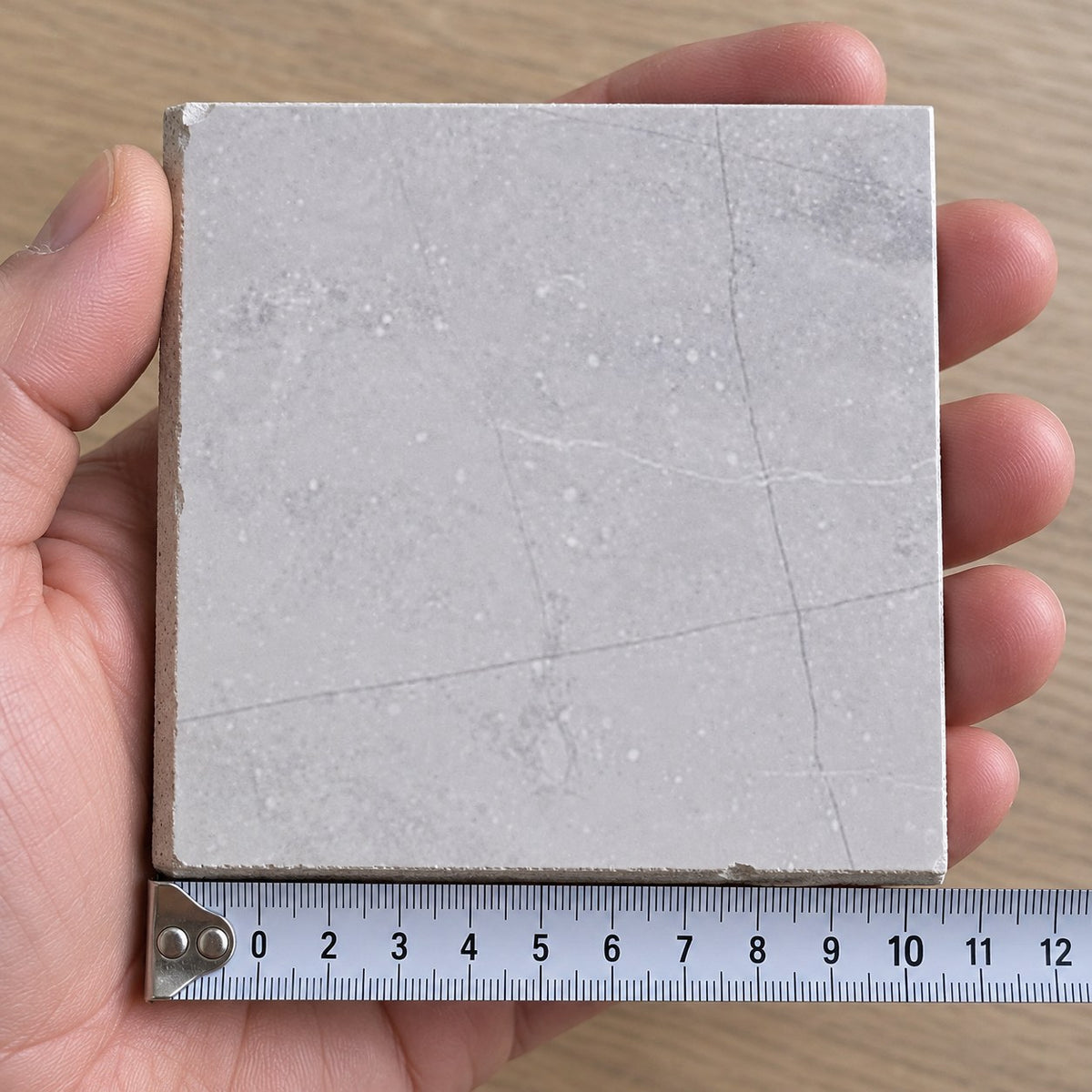 Pietra Storm Marble-Look Tile sample held in a hand.