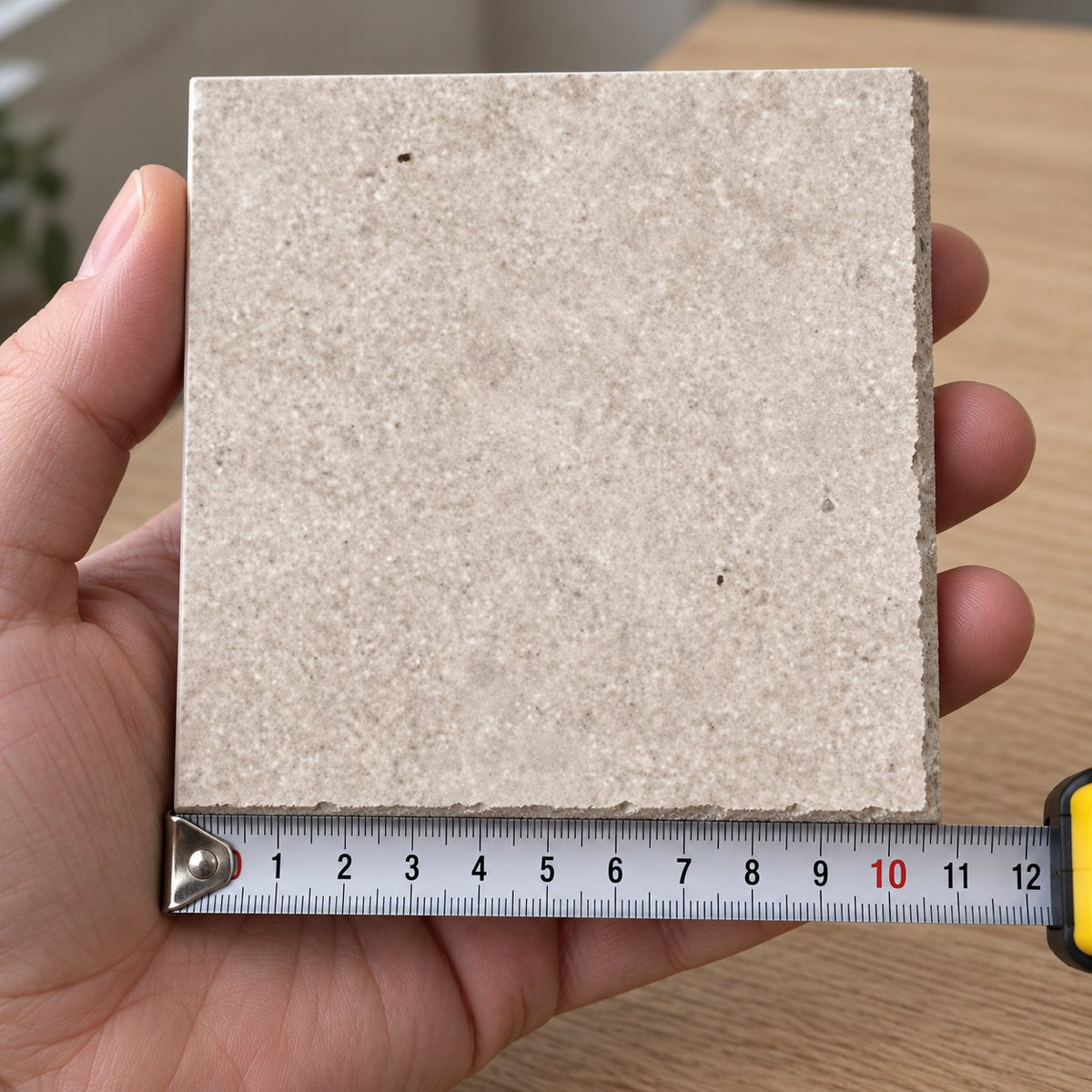 Quarry Sand Concrete-Look Tile sample held in a hand.