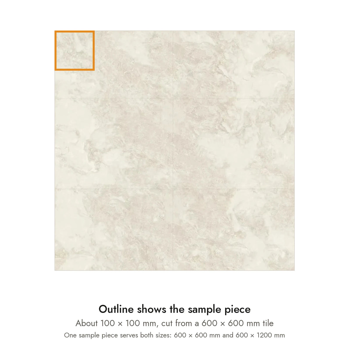 Sample size for Atlas Ivory Stone-Look Tile: the outlined piece is about 100 × 100 mm, cut from a 600 × 600 mm tile.