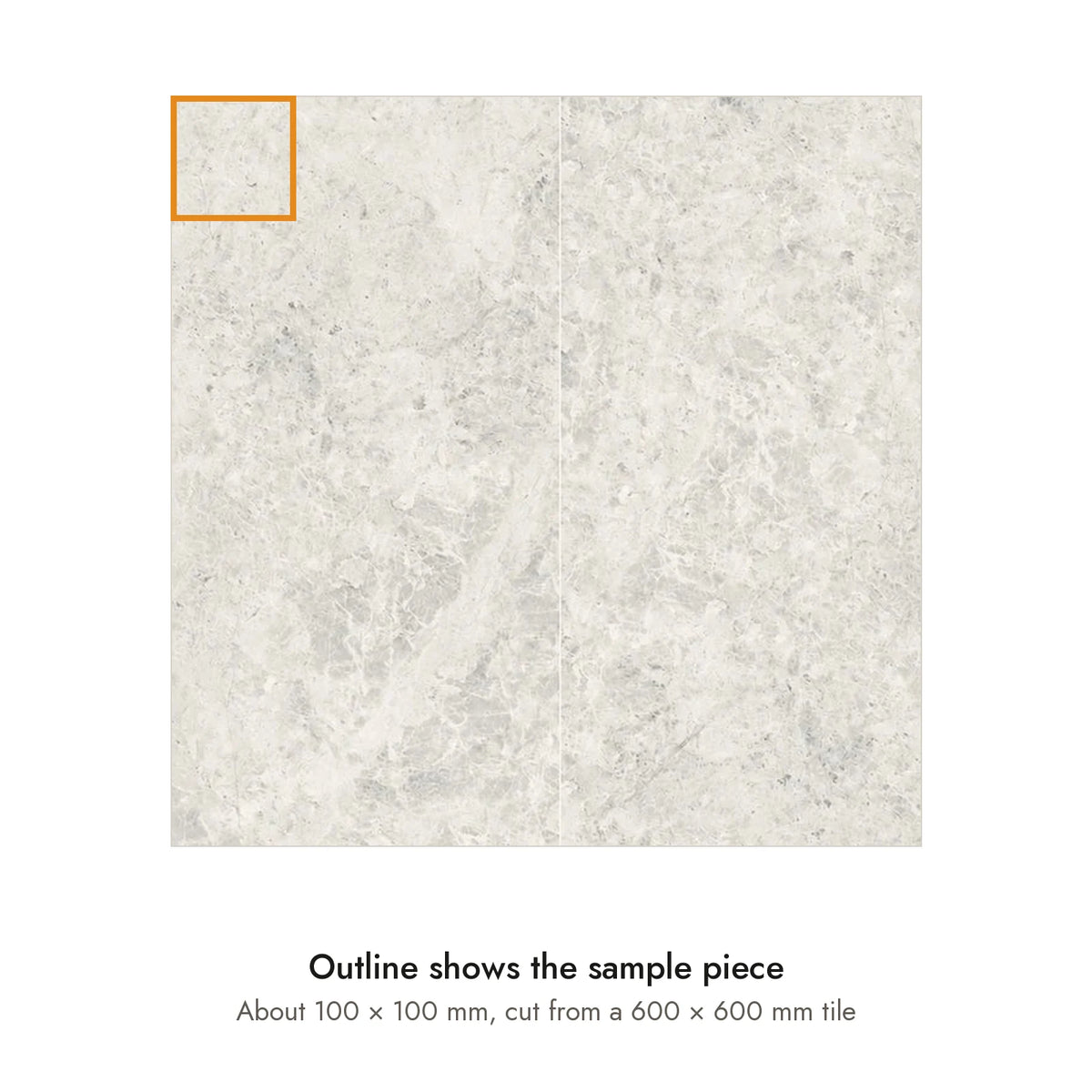 Sample size for Atlas Pearl Stone-Look Tile: the outlined piece is about 100 × 100 mm, cut from a 600 × 600 mm tile.