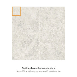 Sample size for Atlas Pearl Stone-Look Tile: the outlined piece is about 100 × 100 mm, cut from a 600 × 600 mm tile.