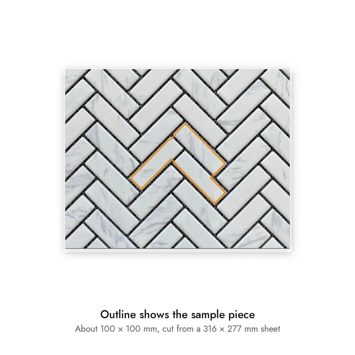 Sample size for Carrara Herringbone Mosaic Tile: the outlined section is about 100 × 100 mm, cut from a 316 × 277 mm sheet.