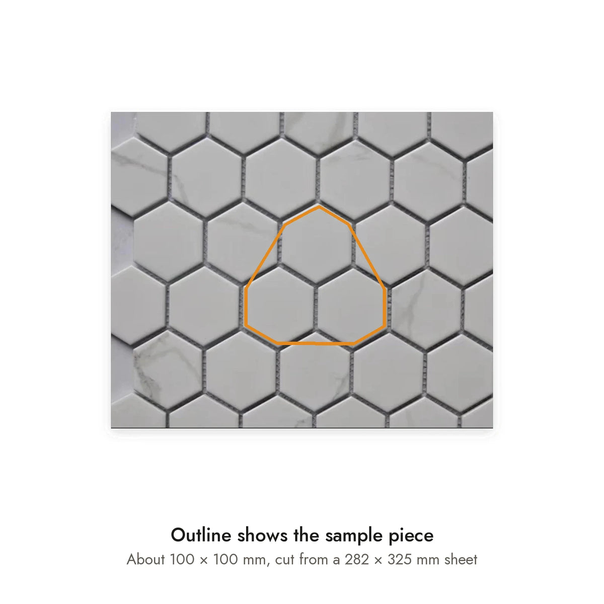 Sample size for Carrara Hexagon Mosaic Tile: the outlined section is about 100 × 100 mm, cut from a 282 × 325 mm sheet.