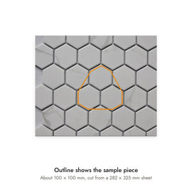 Sample size for Carrara Hexagon Mosaic Tile: the outlined section is about 100 × 100 mm, cut from a 282 × 325 mm sheet.