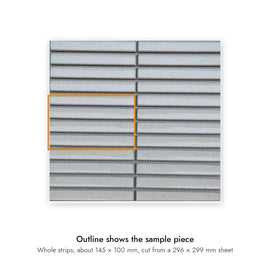 Sample size for Carrara White Strip Mosaic Tile: the outlined whole strips are about 145 × 100 mm, cut from a 296 × 299 mm sheet.