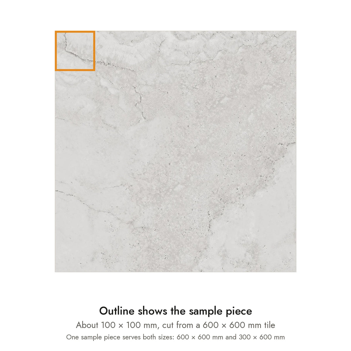 Sample size for Coastal Dune Travertine-Look Tile: the outlined piece is about 100 × 100 mm, cut from a 600 × 600 mm tile.