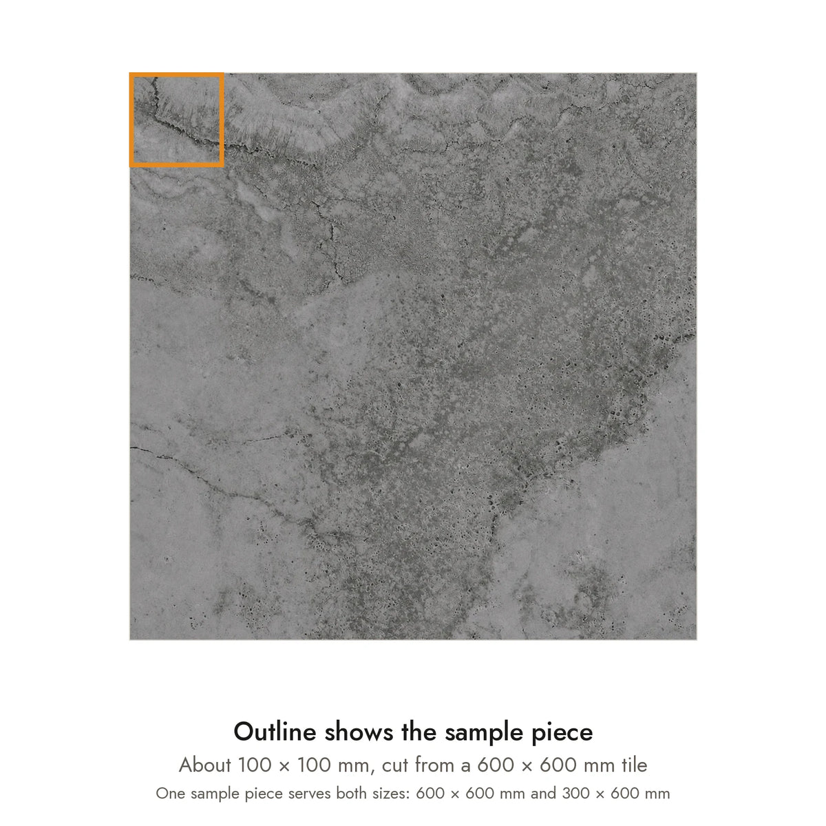 Sample size for Coastal Stone Travertine-Look Tile: the outlined piece is about 100 × 100 mm, cut from a 600 × 600 mm tile.