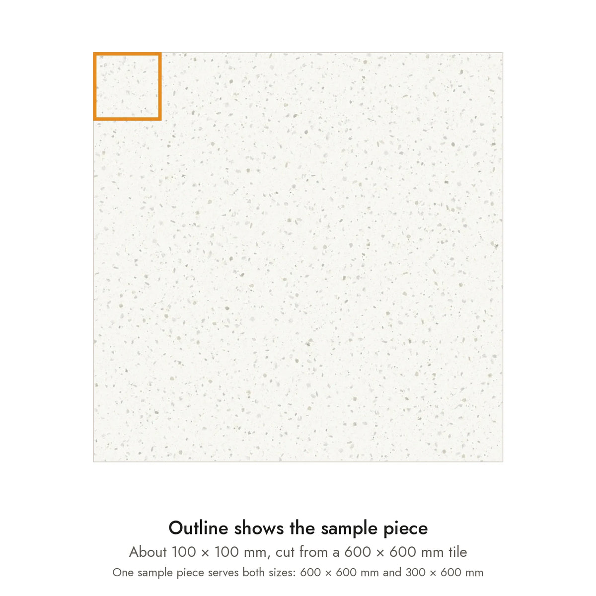 Sample size for Haven Fine White Terrazzo-Look Tile: the outlined piece is about 100 × 100 mm, cut from a 600 × 600 mm tile.