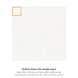 Sample size for Haven Fine White Terrazzo-Look Tile: the outlined piece is about 100 × 100 mm, cut from a 600 × 600 mm tile.
