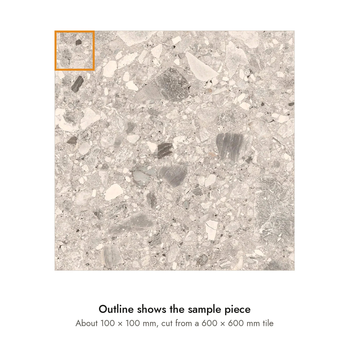 Sample size for Haven In/Out Terrazzo-Look Tile: the outlined piece is about 100 × 100 mm, cut from a 600 × 600 mm tile.