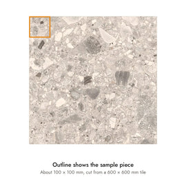 Sample size for Haven In/Out Terrazzo-Look Tile: the outlined piece is about 100 × 100 mm, cut from a 600 × 600 mm tile.