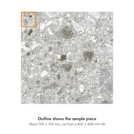 Sample size for Haven Pebble In/Out Terrazzo-Look Tile: the outlined piece is about 100 × 100 mm, cut from a 600 × 600 mm tile.