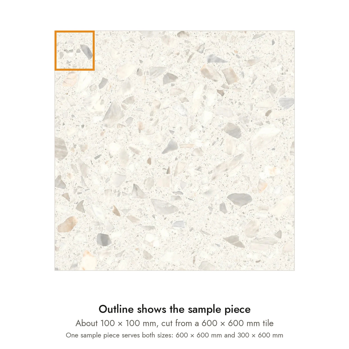 Sample size for Haven White Terrazzo-Look Tile: the outlined piece is about 100 × 100 mm, cut from a 600 × 600 mm tile.